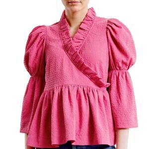 NEW byTiMo Bubble Wrap Crinkled Puffed Shoulder Blouse Pink Med Peasant Coquette
